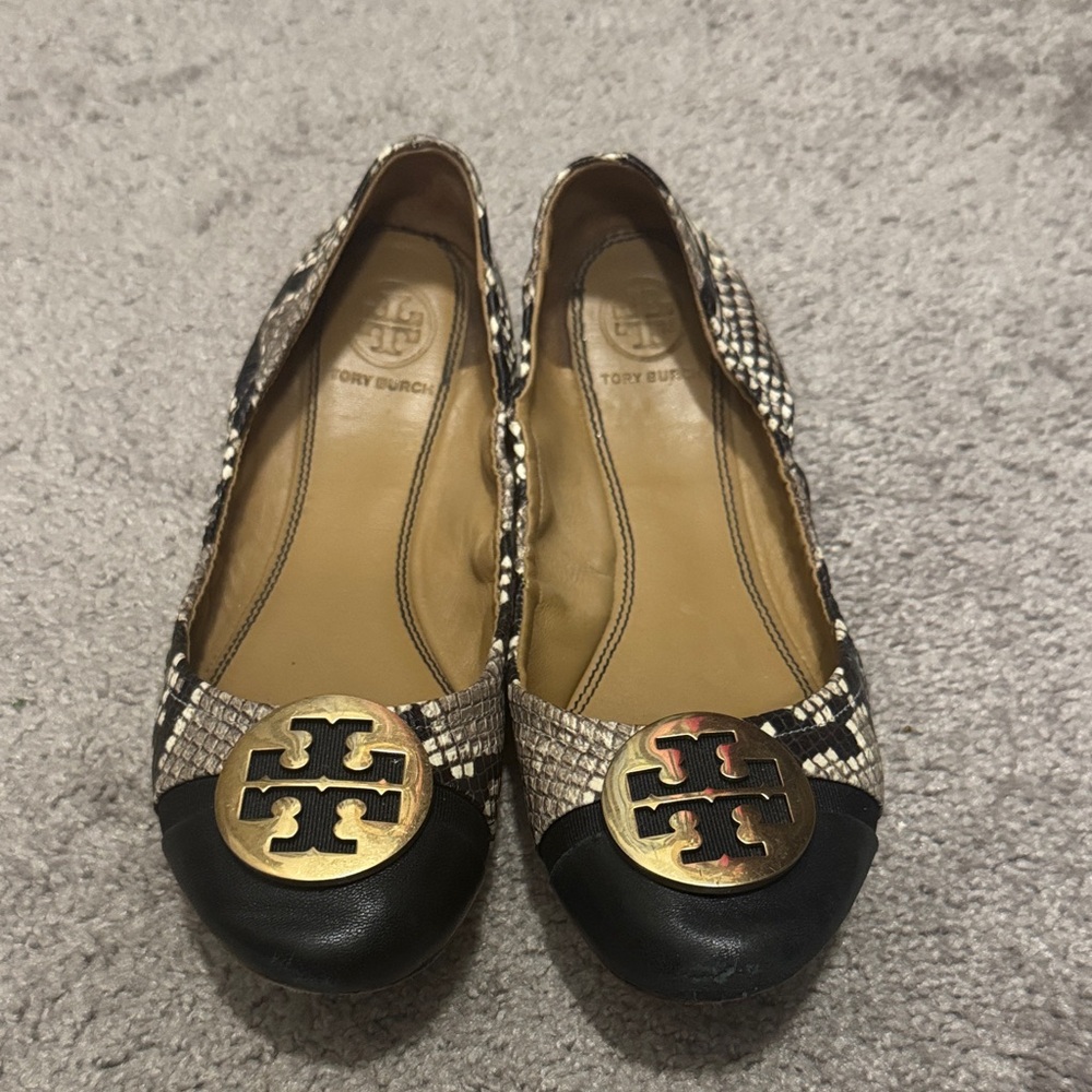 Tory Burch Black and Gold Snakeskin Flats